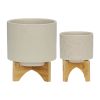S/2 5/8" PLANTER W/ WOOD STAND, MATTE BEIGE - as Pic
