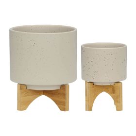 S/2 5/8" PLANTER W/ WOOD STAND, MATTE BEIGE - as Pic