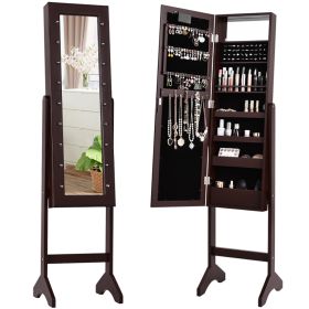 Mirrored Standing Jewelry Armoire Cabinet With LED Lights (Color: Brown)