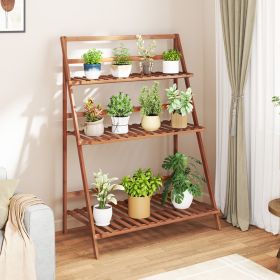 3-Tier Bamboo Ladder Shelf Foldable Plant Flower Bookshelf (Color: Brown)