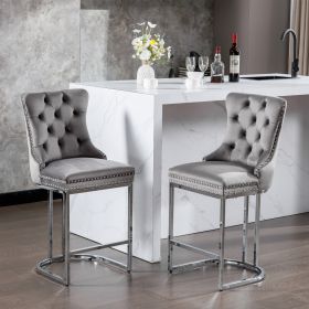 26 Velvet Bar Stools Set Of 2, Counter Height With Button Back  Rivet Trim (Option: Gray)