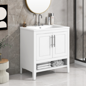 30 Bathroom Vanity With Sink, Multi-functional Bathroom Cabinet With Doors And Drawers, Solid Frame And MDF Board, White (Color: White)