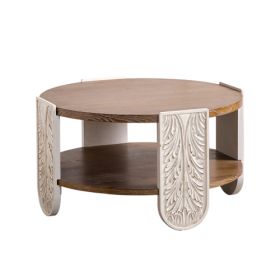 Carved Wooden Coffee Table, Retro End Table With Double-Layer Storage, Small Side Table For Living Room, Palace Style Bedside Table For Small Spa (Option: Natural Wood)