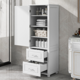 Tall Bathroom Storage Cabinet, Freestanding Storage Cabinet With Two Drawers And Adjustable Shelf, MDF Board With Painted Finish (Color: White)