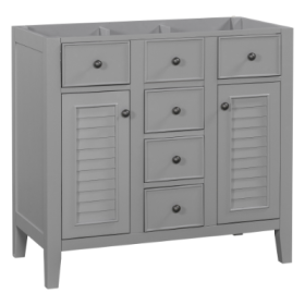 36 Bathroom Vanity Without Sink, Cabinet Base Only, Two Cabinets And Five Drawers, Solid Wood Frame, Grey (Color: Grey)