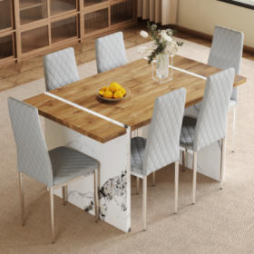Table And Chair Set.Natural Wood Grain MDF Dining Table  55x31.5 Inch.Paired With 6 Modern Style Dining Chairs In Light Gray, Essential For Minim (Option: Light Gra)
