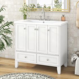36  Bathroom Vanity With Resin Sink Combo,Solid Wood Frame Bathroom Storage Cabinet, Freestanding Vanity Set With 4 Soft Closing Doors 2 Drawers (Color: White)