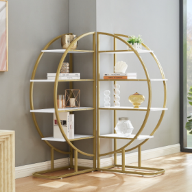 4 Tiers Home Office Open Bookshelf, Round Shape, Different Placement Ways, MDF Board, Gold Metal Frame, Golden (Option: Golden)