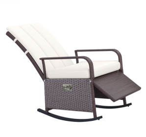 Rattan Wicker Rocking Chair Outdoor Patio Recliner Cream Soft Cushion Adjustable Footrest (Color: White)