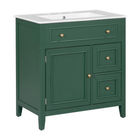 30 Bathroom Vanity With Sink Top, Bathroom Vanity Cabinet With Door And Two Drawers, Solid Wood Frame, One Package, Green (Color: Green)