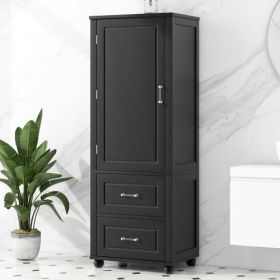 Tall Bathroom Storage Cabinet, Freestanding Storage Cabinet With Two Drawers And Adjustable Shelf, MDF Board With Painted Finish, Blac (Color: Black)